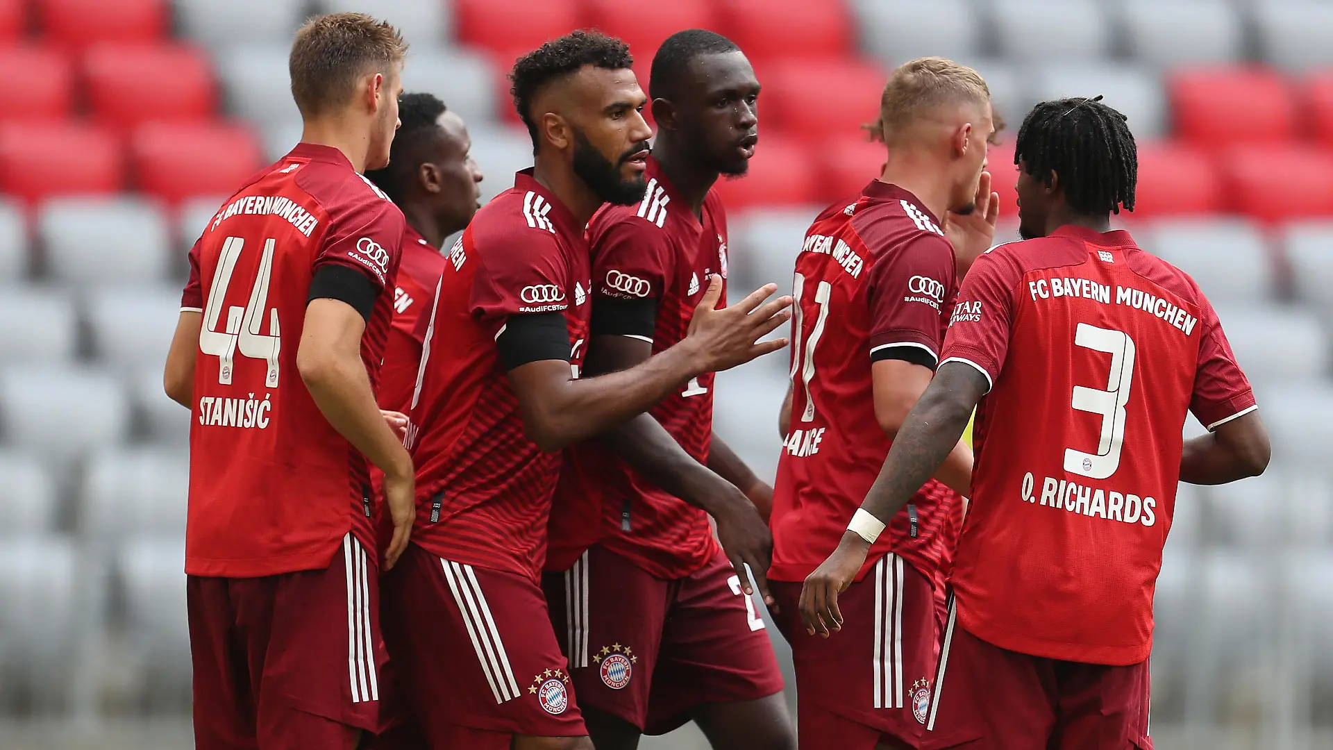 MUNICH, GERMANY - JULY 24: Tanguy Nianzou (C) of FC Bayern Muenchen and teammates celebrate the 2-2 goal during the Audi Football Summit match between FC Bayern Muenchen and Ajax Amsterdam at Allianz Arena on July 24, 2021 in Munich, Germany. (Photo by Alexandra Beier/Getty Images)