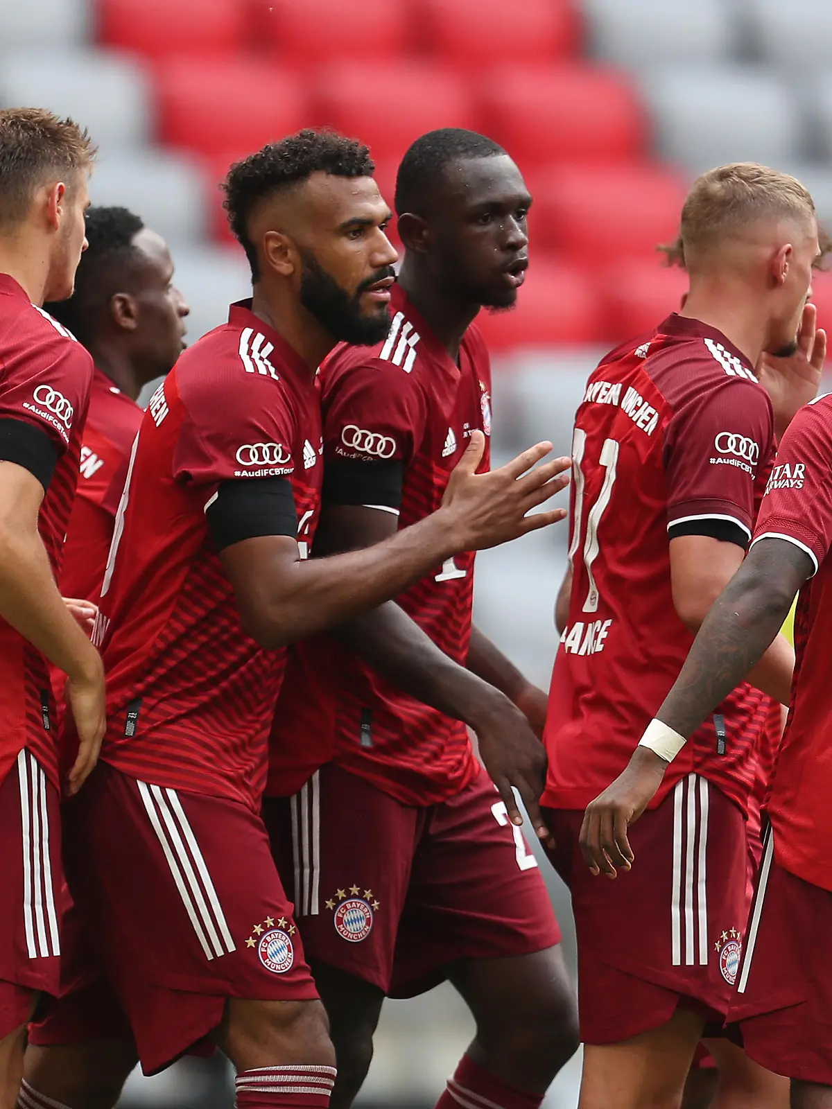 MUNICH, GERMANY - JULY 24: Tanguy Nianzou (C) of FC Bayern Muenchen and teammates celebrate the 2-2 goal during the Audi Football Summit match between FC Bayern Muenchen and Ajax Amsterdam at Allianz Arena on July 24, 2021 in Munich, Germany. (Photo by Alexandra Beier/Getty Images)