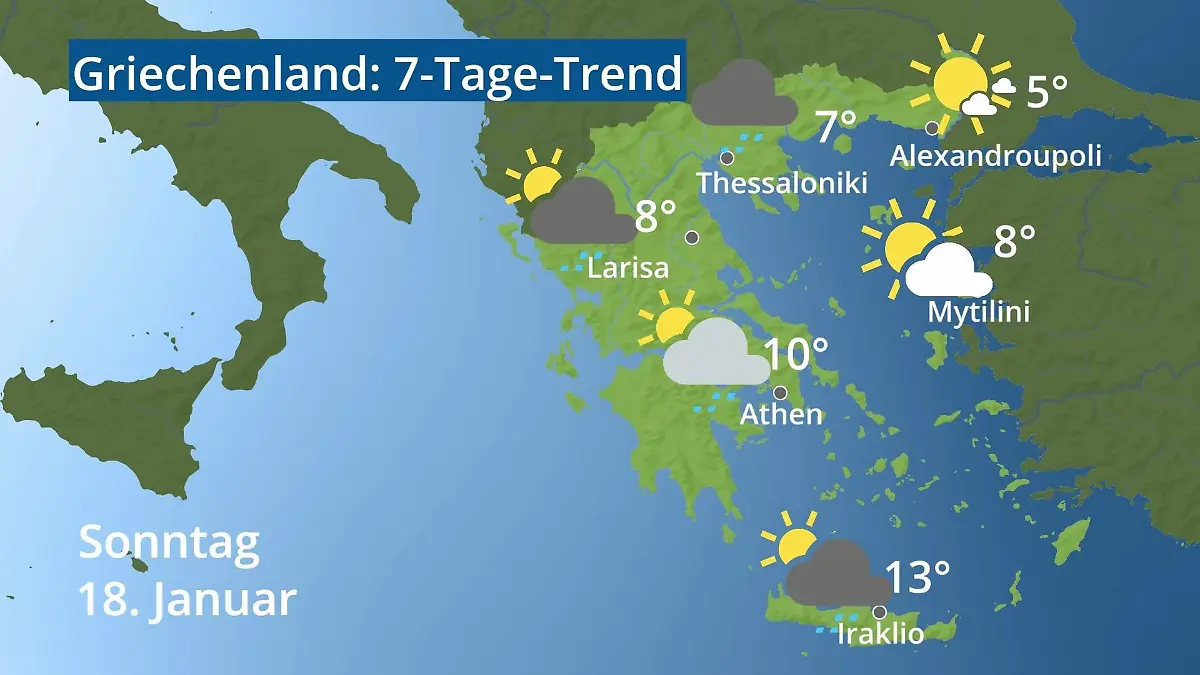 Griechenland: Wie wird das Wetter? Video 7-Tage-Trend: Athen, Kreta, Lesbos
