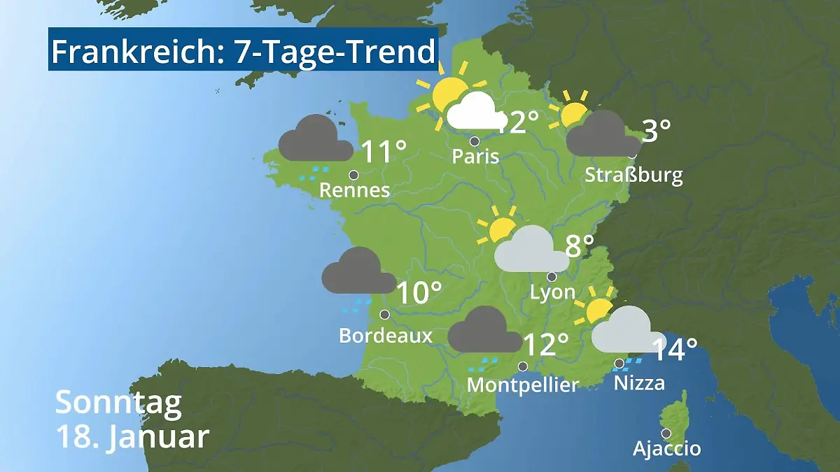Frankreich: Wie wird das Wetter? Video 7-Tage-Trend: Paris, Straßburg, Nizza, Korsika