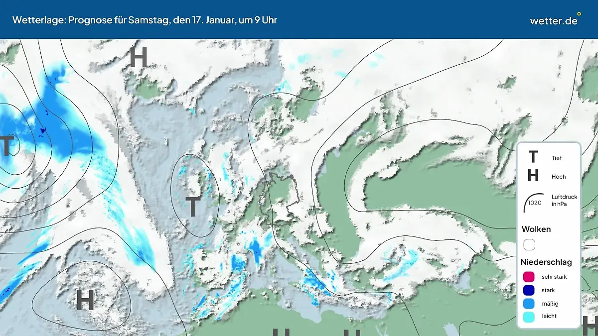 Die Wetterlage der kommenden 5 Tage Hochs und Tiefs über Europa
