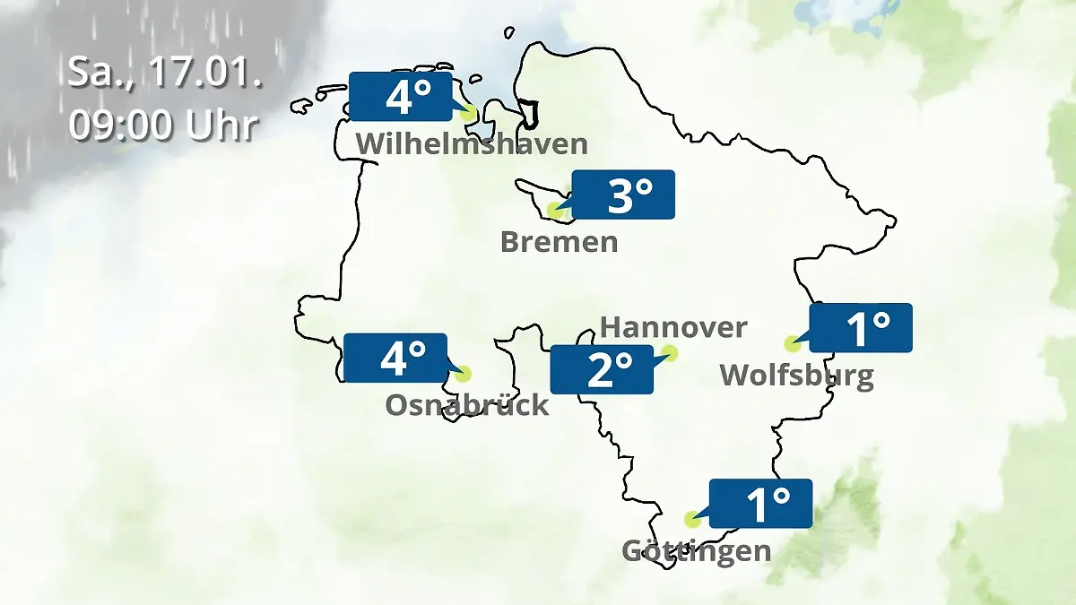 Bremen und Niedersachsen: Wie wird das Wetter? Regen- und Wolkenfilm für Hannover, Osnabrück und Wolfsburg