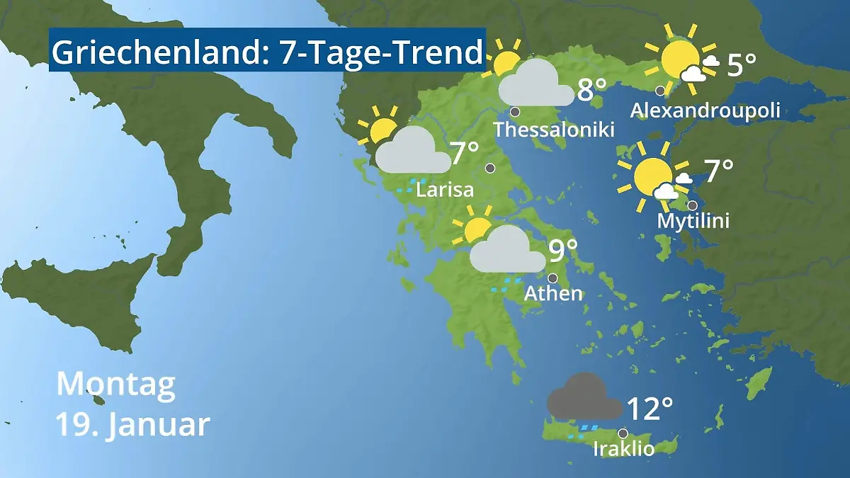 Griechenland: Wie wird das Wetter? Video 7-Tage-Trend: Athen, Kreta, Lesbos