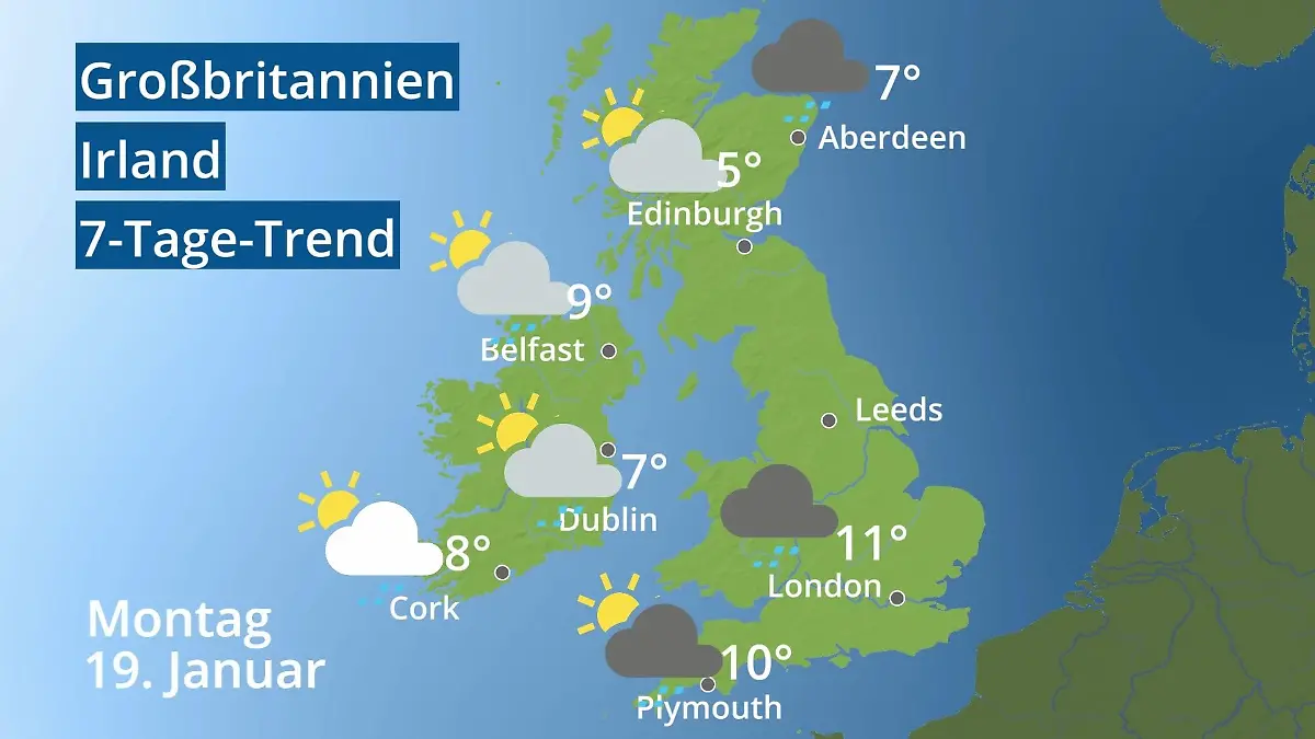 England, Schottland, Wales: Wie wird das Wetter? Video 7-Tage-Trend: Großbritannien und Irland