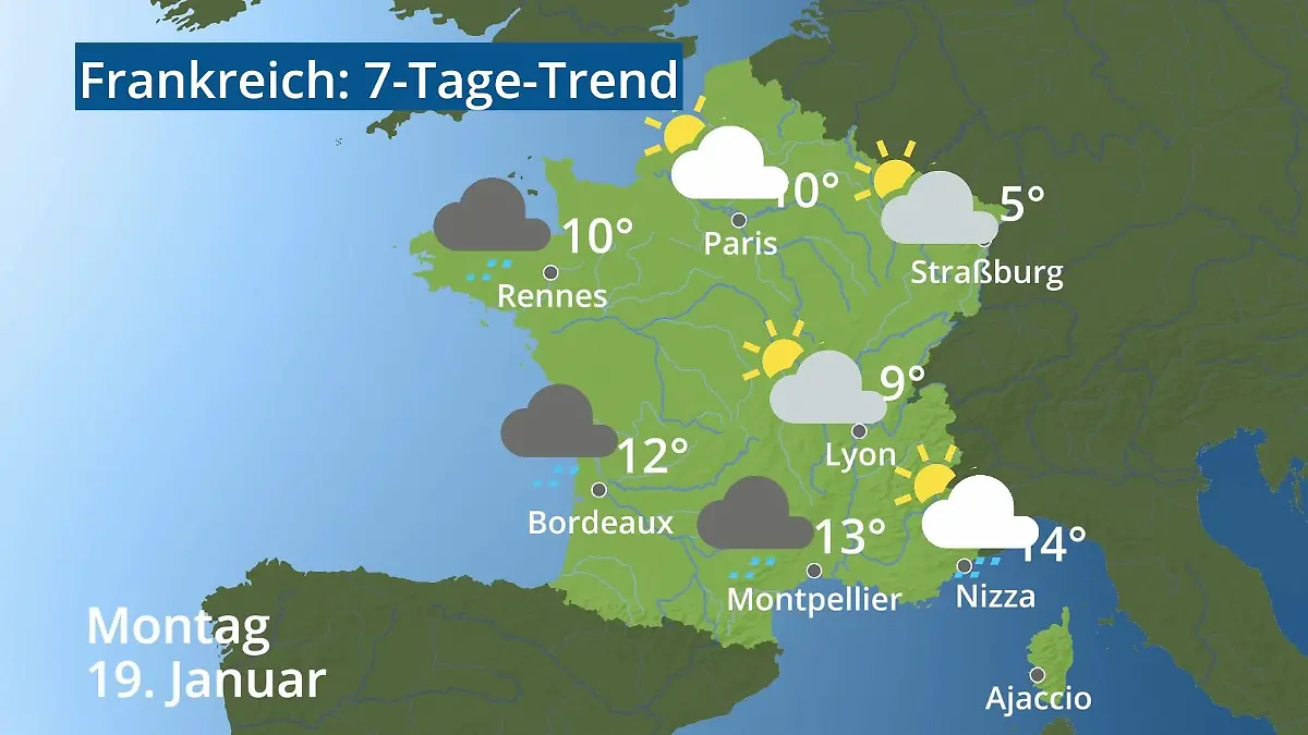 Frankreich: Wie wird das Wetter? Video 7-Tage-Trend: Paris, Straßburg, Nizza, Korsika