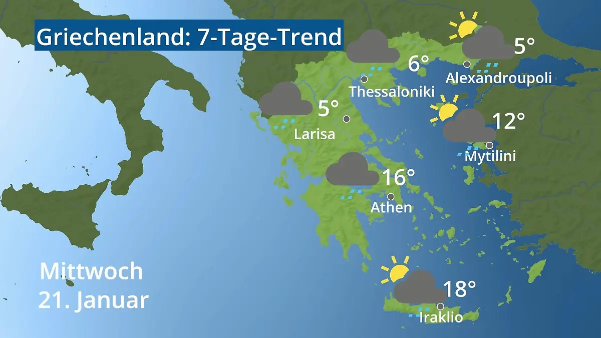 Griechenland: Wie wird das Wetter? Video 7-Tage-Trend: Athen, Kreta, Lesbos
