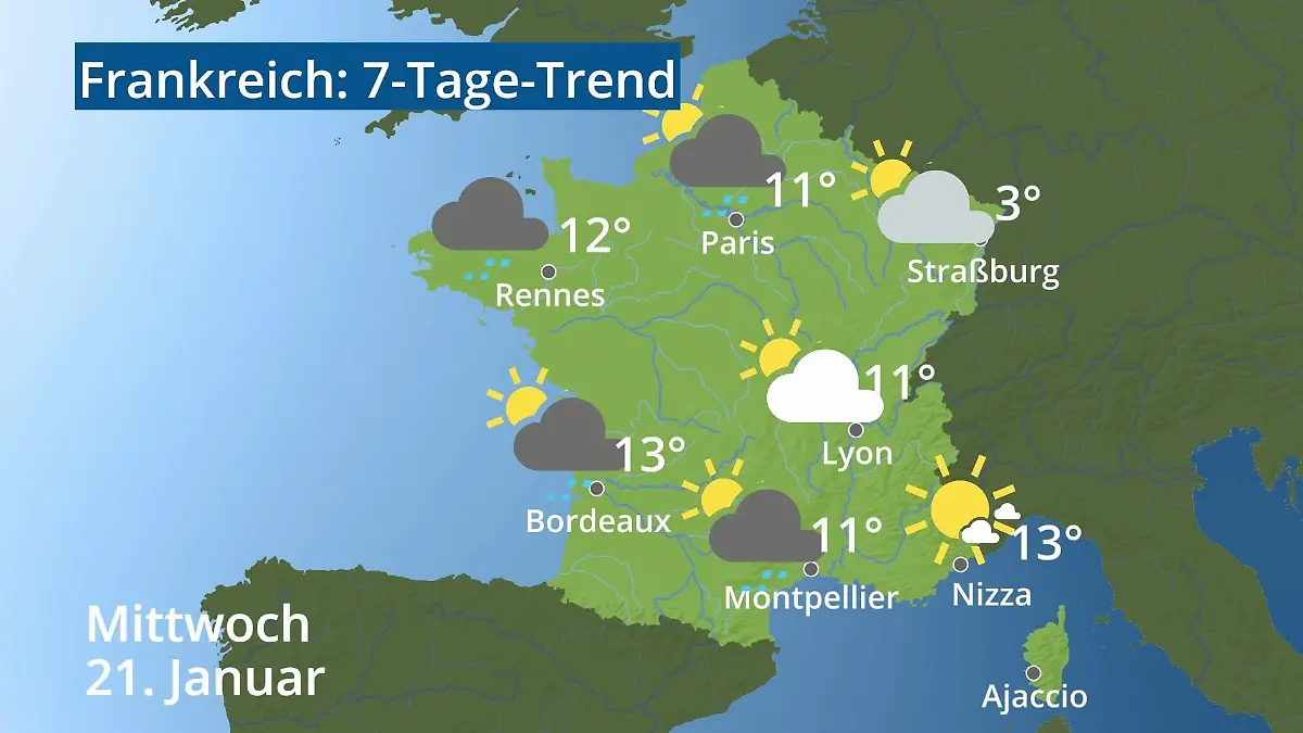Frankreich: Wie wird das Wetter? Video 7-Tage-Trend: Paris, Straßburg, Nizza, Korsika