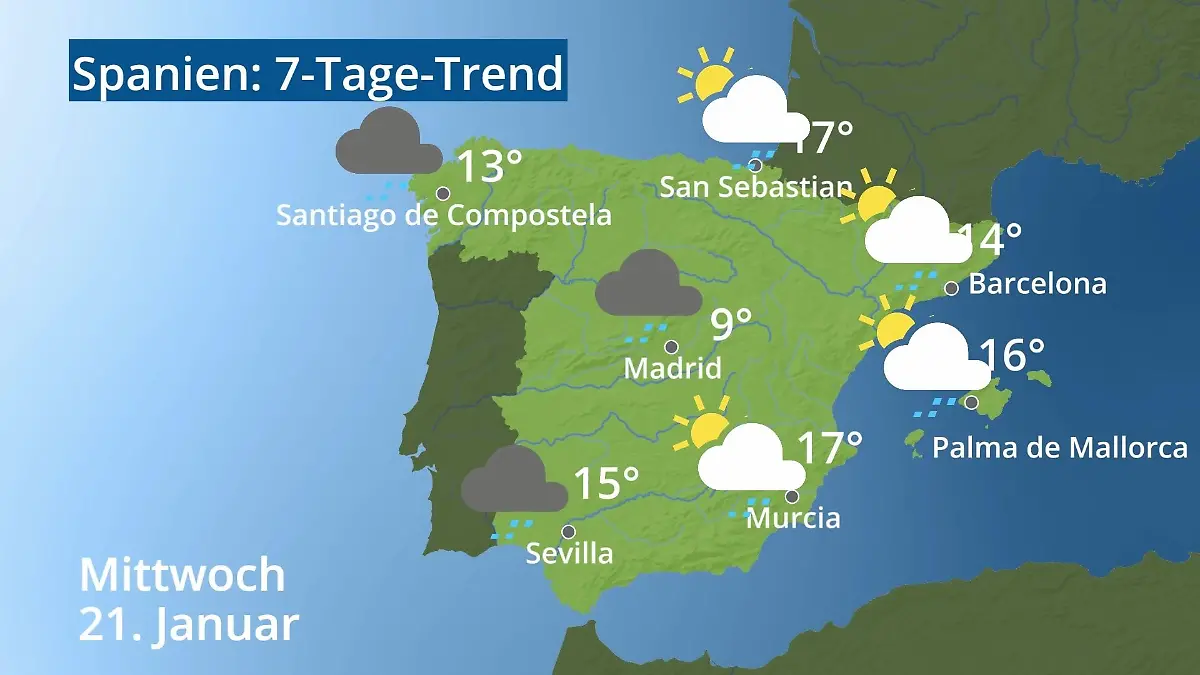 Spanien: Wie wird das Wetter? Video 7-Tage-Trend: Mallorca, Madrid, Barcelona