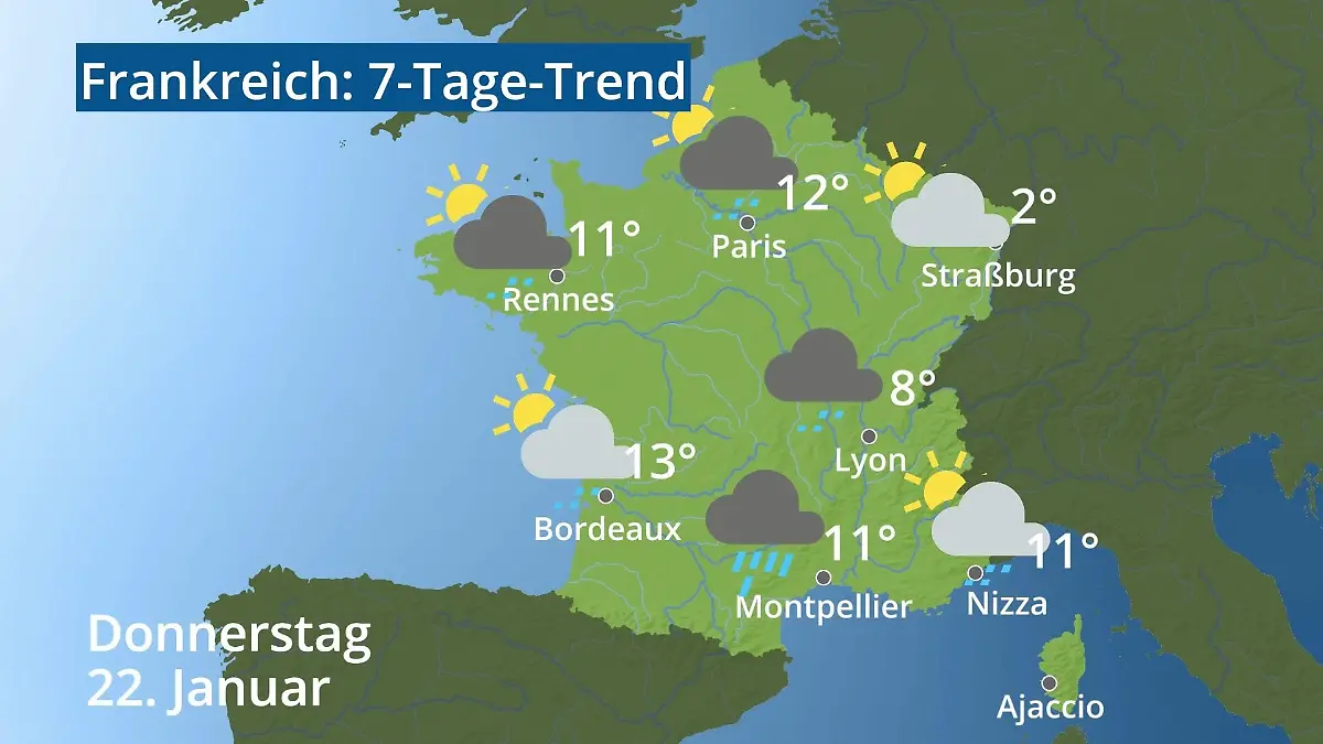 Frankreich: Wie wird das Wetter? Video 7-Tage-Trend: Paris, Straßburg, Nizza, Korsika