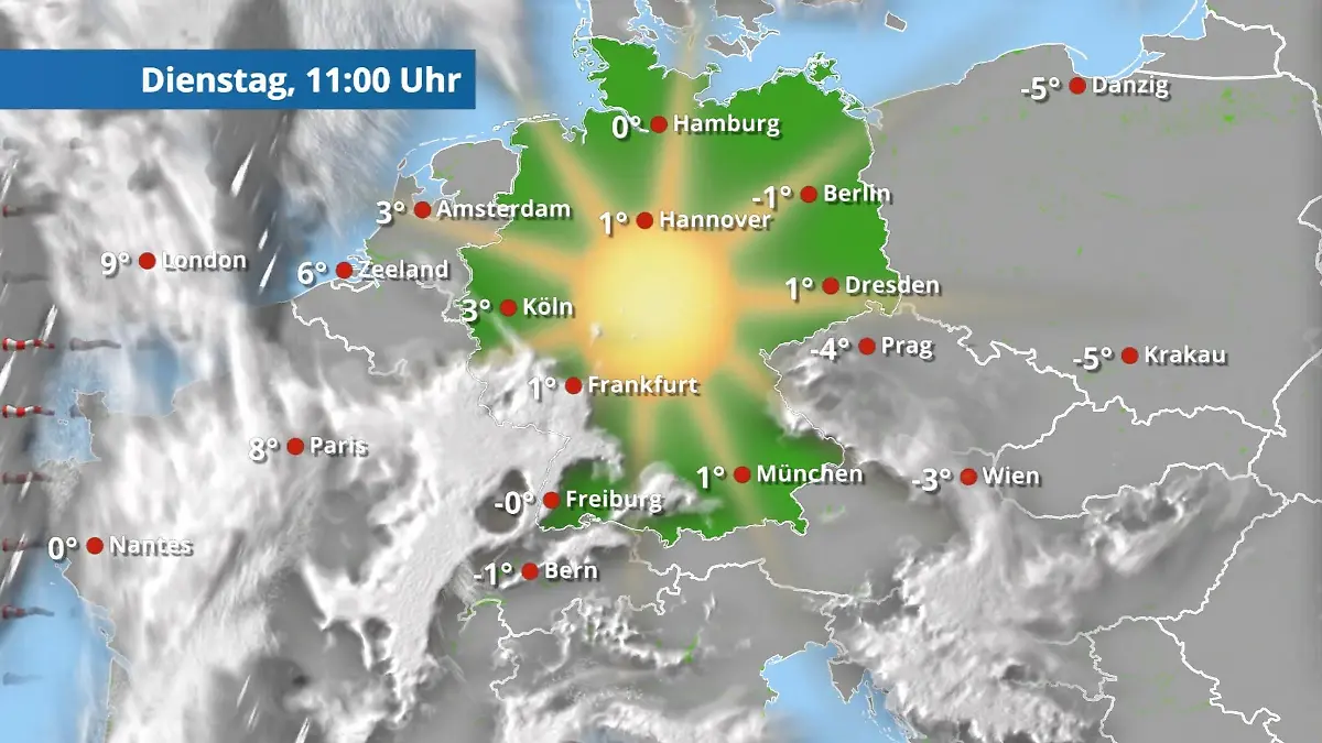 Strahlewetter mit vielfach 7 bis 9 Sonnenstunden Der Regen- und Wolkenfilm für 48 Stunden