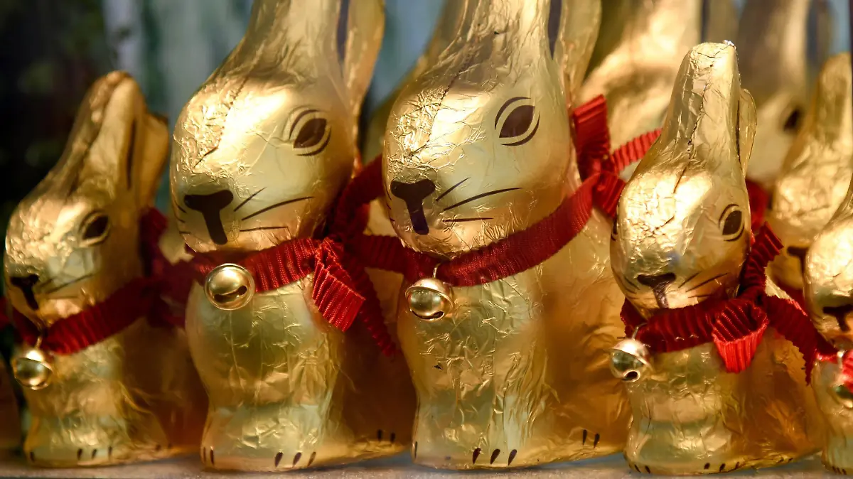 Goldene Schoko-Osterhasen stehen in Reih und Glied in einem Schaufenster in Freiburg