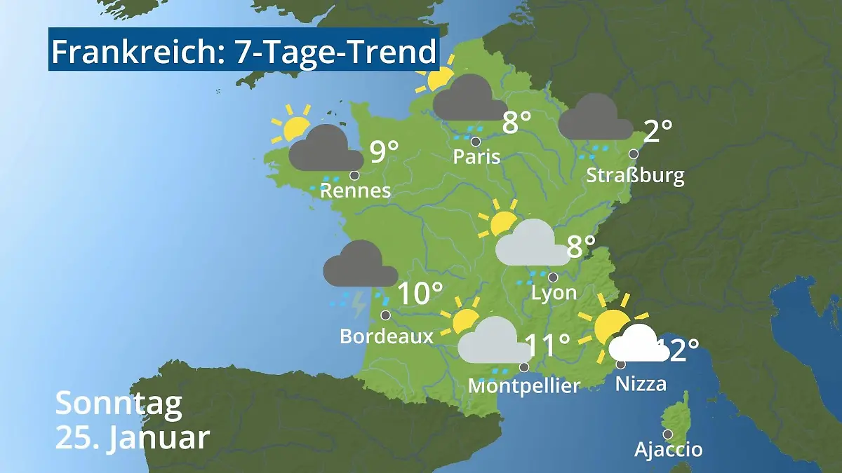 Frankreich: Wie wird das Wetter? Video 7-Tage-Trend: Paris, Straßburg, Nizza, Korsika