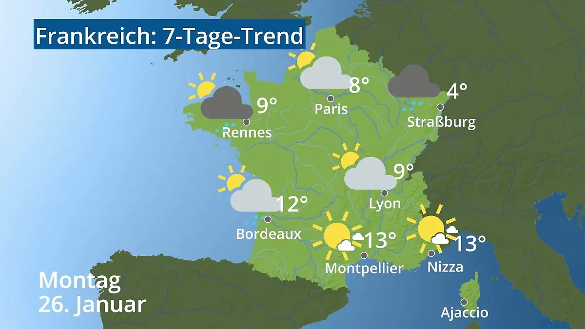 Frankreich: Wie wird das Wetter? Video 7-Tage-Trend: Paris, Straßburg, Nizza, Korsika