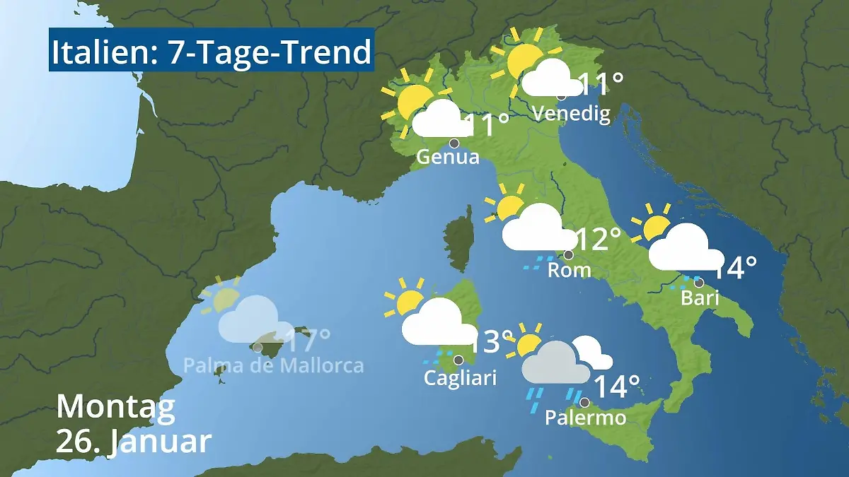 Italien: Wie wird das Wetter? Video 7-Tage-Trend: Rom, Venedig, Sizilien, Sardinien
