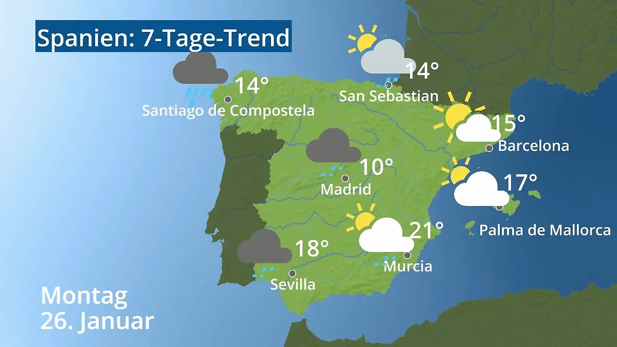 Spanien: Wie wird das Wetter? Video 7-Tage-Trend: Mallorca, Madrid, Barcelona