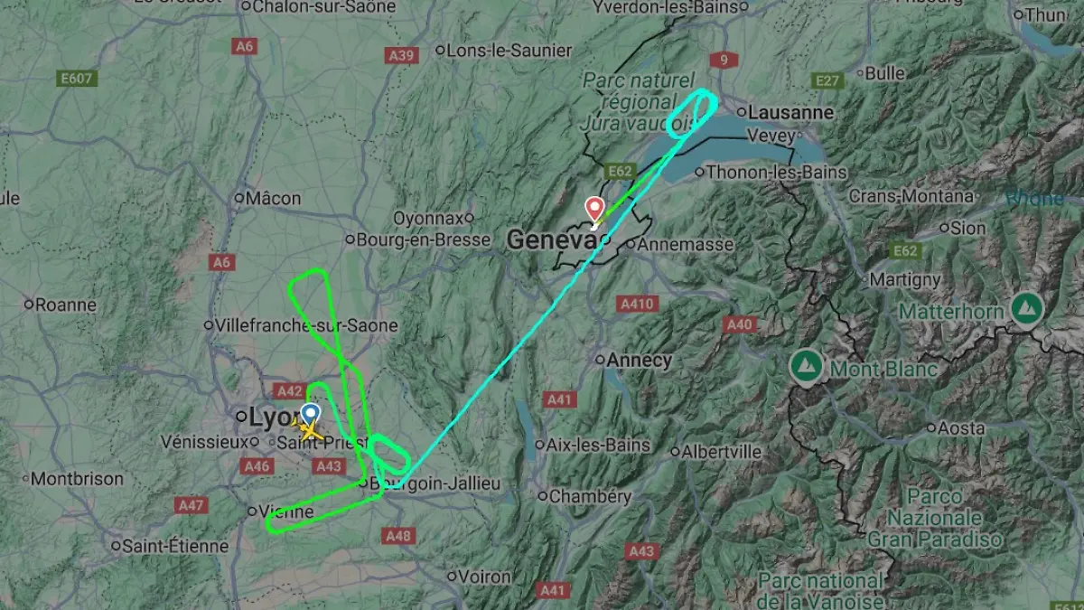 Das Flugzezug geriet schon kurz nach dem Start in Lyon in Schwierigkeiten und landete außerplanmäßig in Genf. Die Karte zeigt die Flugroute und zahlreiche Platzrunden in der Nähe von Lyon und Genf.