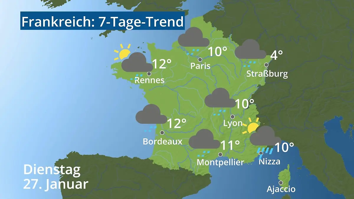Frankreich: Wie wird das Wetter? Video 7-Tage-Trend: Paris, Straßburg, Nizza, Korsika
