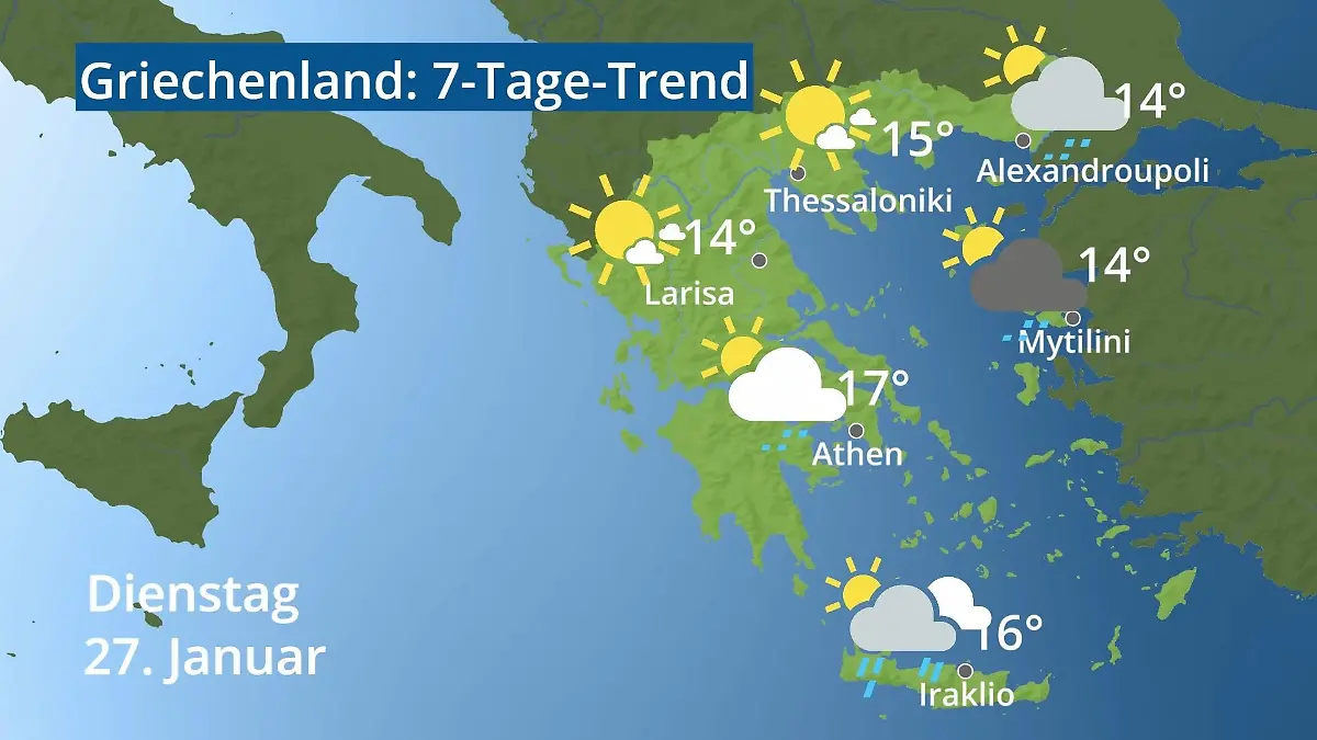 Griechenland: Wie wird das Wetter? Video 7-Tage-Trend: Athen, Kreta, Lesbos