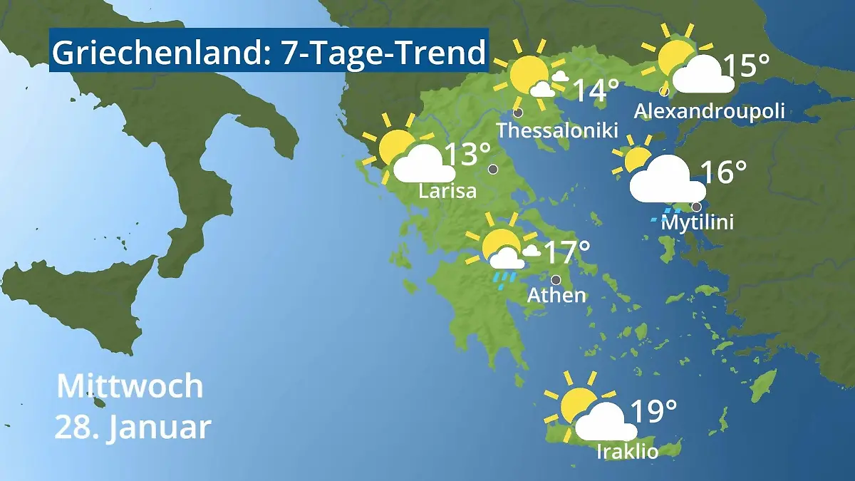 Griechenland: Wie wird das Wetter? Video 7-Tage-Trend: Athen, Kreta, Lesbos