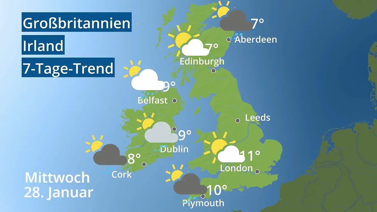 England, Schottland, Wales: Wie wird das Wetter? Video 7-Tage-Trend: Großbritannien und Irland