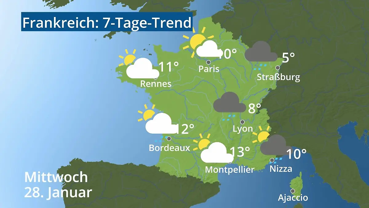 Frankreich: Wie wird das Wetter? Video 7-Tage-Trend: Paris, Straßburg, Nizza, Korsika