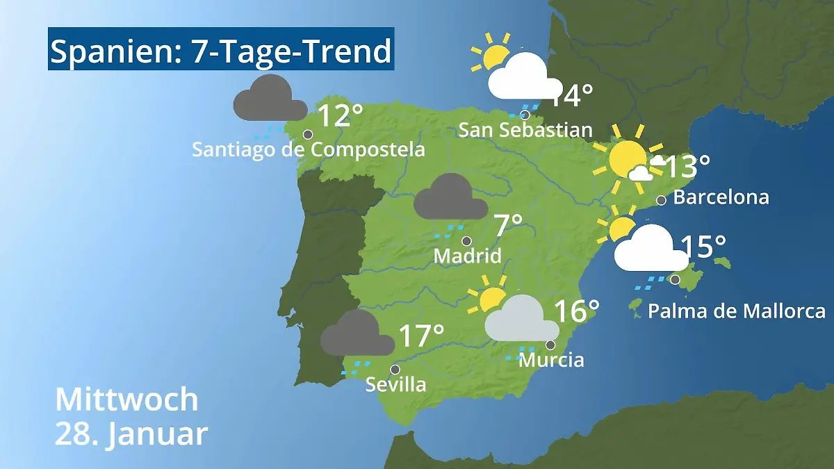 Spanien: Wie wird das Wetter? Video 7-Tage-Trend: Mallorca, Madrid, Barcelona