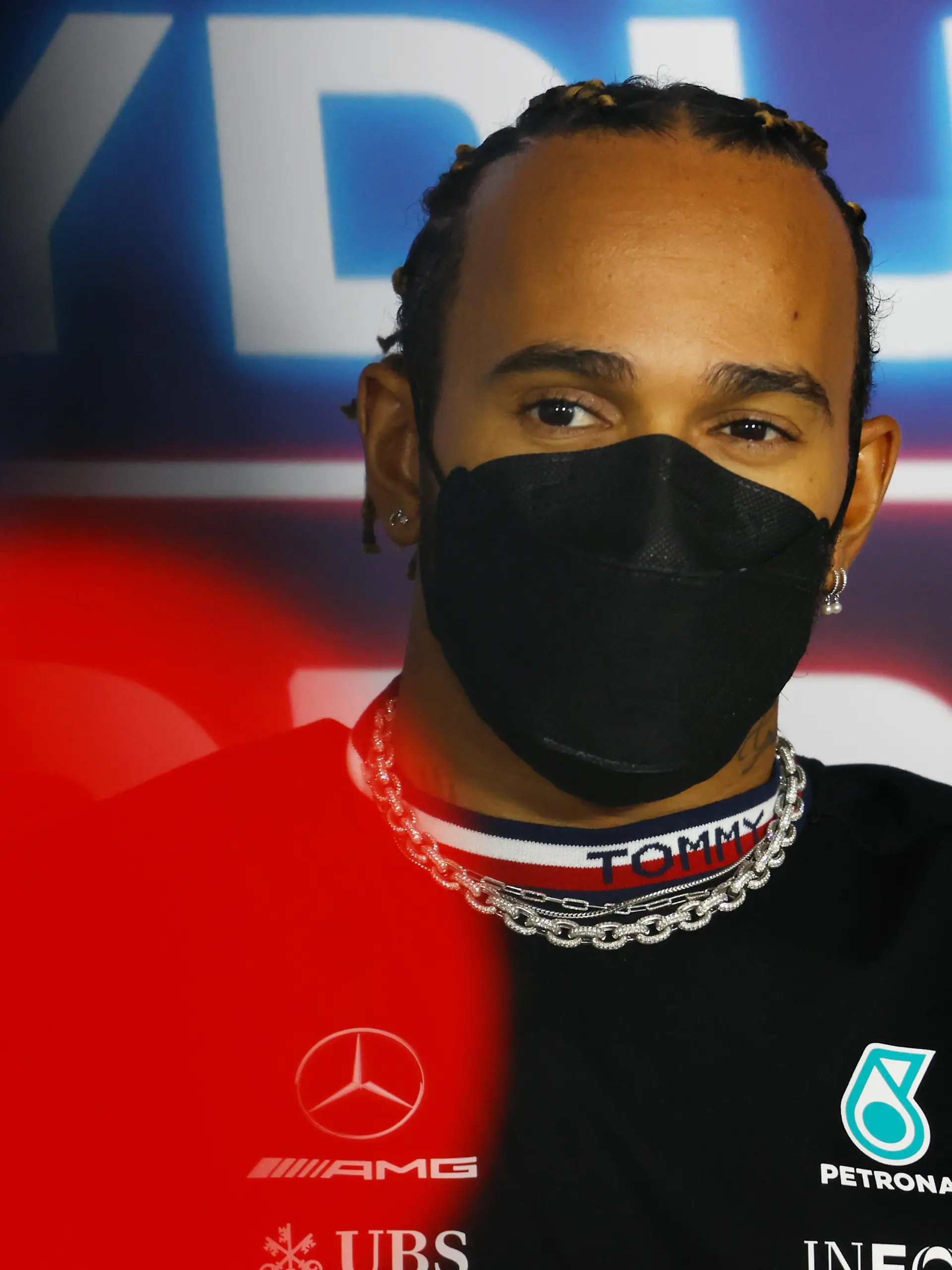 BUDAPEST, HUNGARY - JULY 29: Lewis Hamilton of Great Britain and Mercedes GP talks in the Drivers Press Conference during previews ahead of the F1 Grand Prix of Hungary at Hungaroring on July 29, 2021 in Budapest, Hungary. (Photo by Florion Goga - Pool/Getty Images)