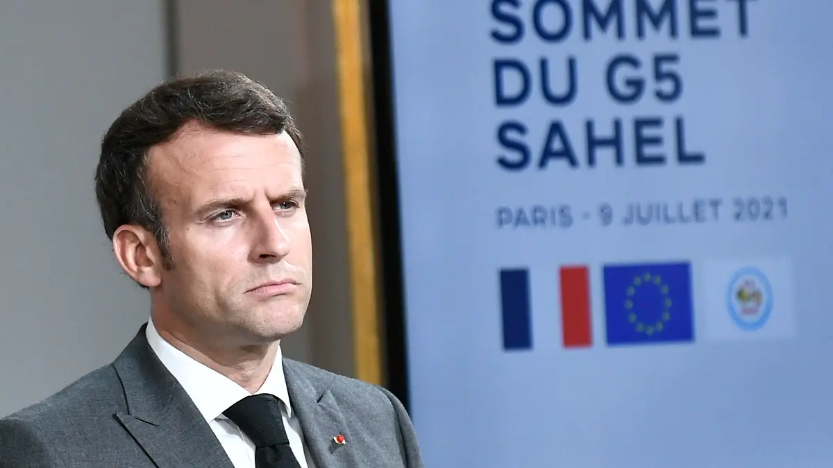 French President Emmanuel Macron attends a press conference after a video summit with leaders of G5 Sahel countries at the Elysee presidential Palace in Paris, Friday July 9, 2021. French President Emmanuel Macron said Friday his country will withdraw more than 2,000 troops from an anti-extremism force in Africa's Sahel region starting in the coming months. Macron announced last month a future reduction of France's military presence, arguing that the current operation is no longer adapted to the need. (Stephane de Sakutin, Pool photo via AP)
