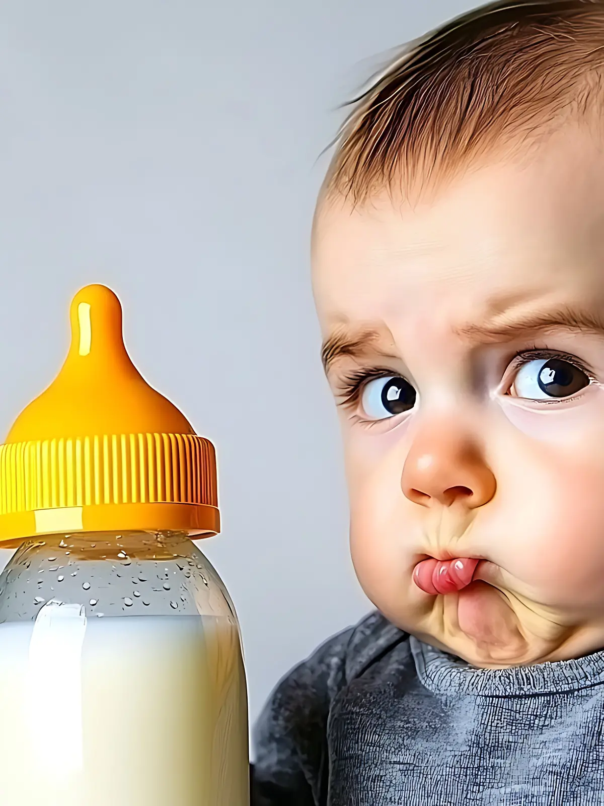Baby bottle filled with milk standing upright on white background, photographed using DSLR and EF 85mm lens, soft reflections and gentle shadows