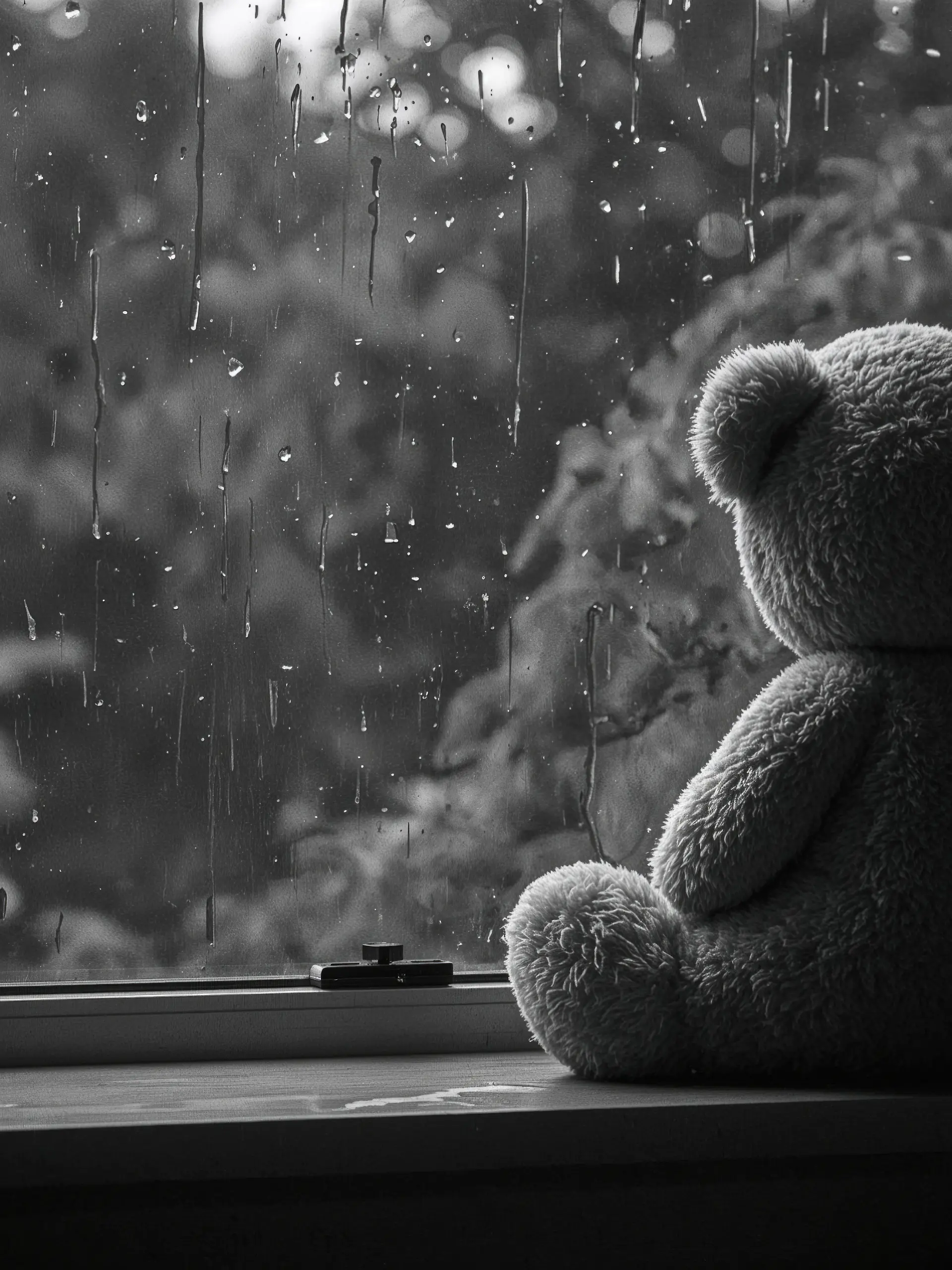 On a rainy afternoon, a lonely teddy bear in grayscale stares out the window, symbolizing the theme of absence on a day dedicated to missing children.