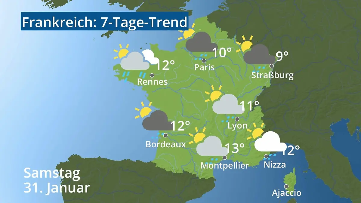 Frankreich: Wie wird das Wetter? Video 7-Tage-Trend: Paris, Straßburg, Nizza, Korsika