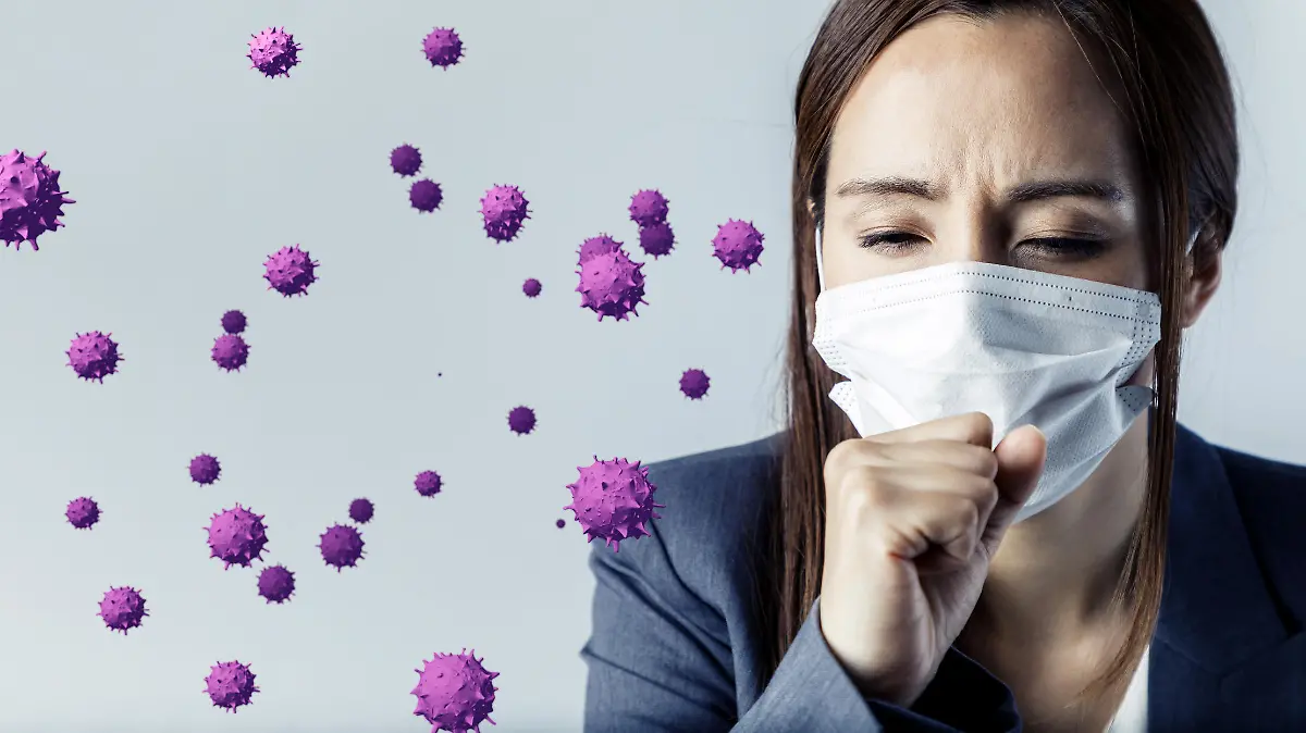 Frau verteilt Virus-Partikel beim Husten.