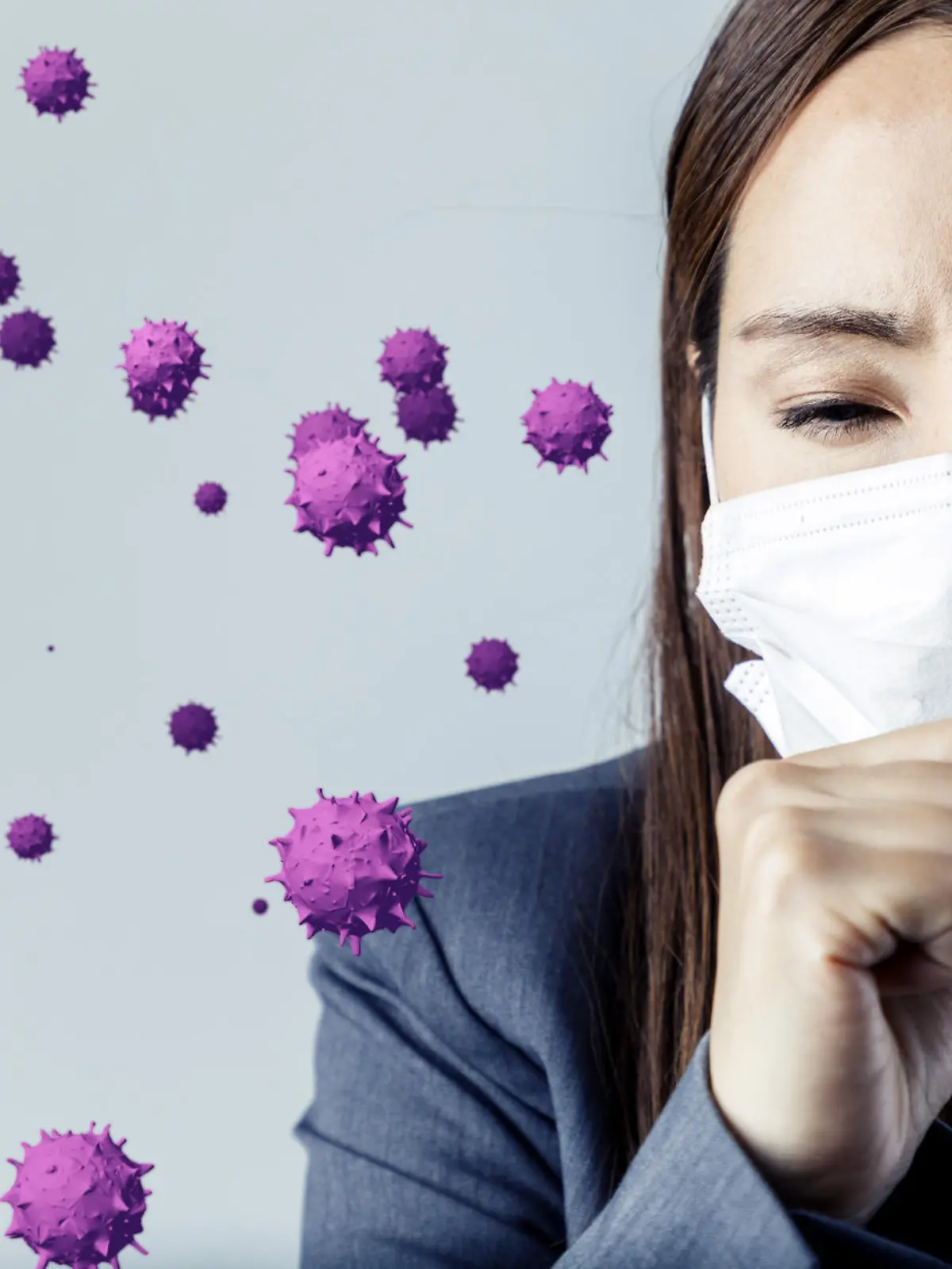 Frau verteilt Virus-Partikel beim Husten.