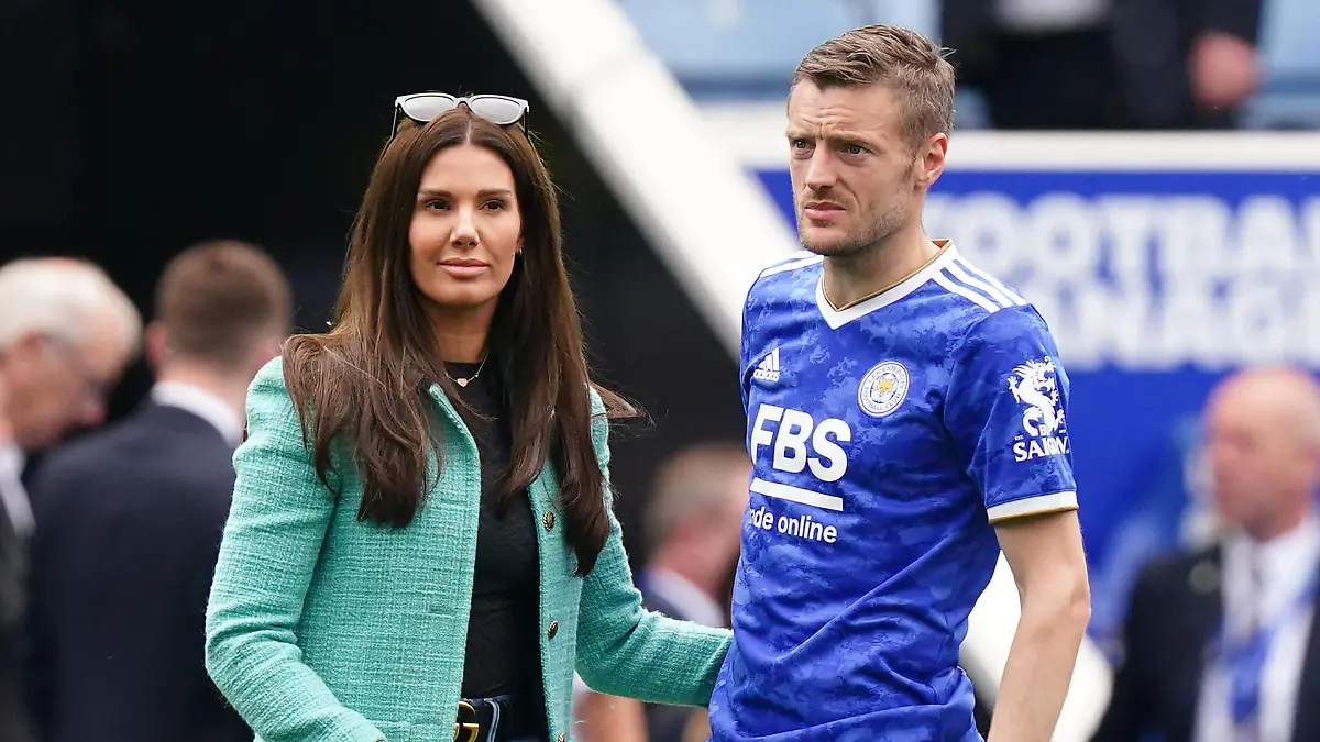 Leicester City v Southampton - Premier League - King Power Stadium. Rebekah Vardy and Leicester City's Jamie Vardy following the Premier League match at The King Power Stadium, Leicester. Picture date: Sunday May 22, 2022. See PA story SOCCER Leicester. Photo credit should read: Mike Egerton/PA Wire. RESTRICTIONS: EDITORIAL USE ONLY No use with unauthorised audio, video, data, fixture lists, club/league logos or "live" services. Online in-match use limited to 120 images, no video emulation. No use in betting, games or single club/league/player publications. URN:67050269