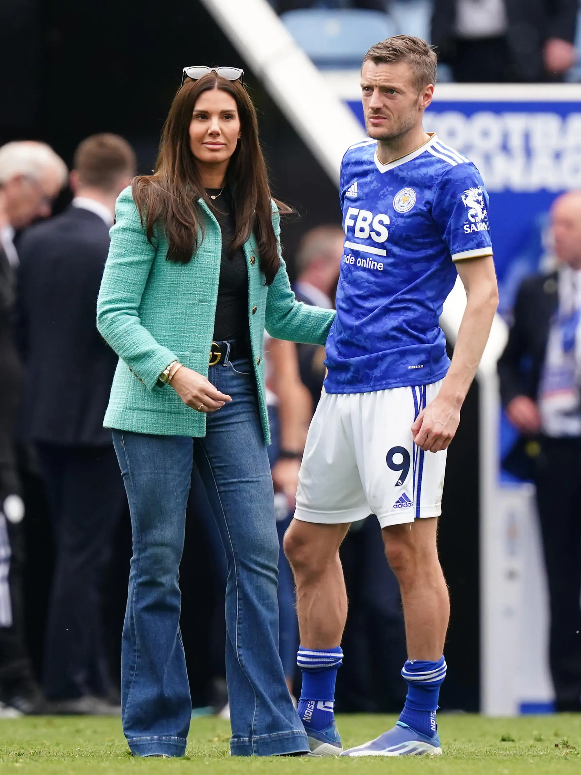 Leicester City v Southampton - Premier League - King Power Stadium. Rebekah Vardy and Leicester City's Jamie Vardy following the Premier League match at The King Power Stadium, Leicester. Picture date: Sunday May 22, 2022. See PA story SOCCER Leicester. Photo credit should read: Mike Egerton/PA Wire. RESTRICTIONS: EDITORIAL USE ONLY No use with unauthorised audio, video, data, fixture lists, club/league logos or "live" services. Online in-match use limited to 120 images, no video emulation. No use in betting, games or single club/league/player publications. URN:67050269