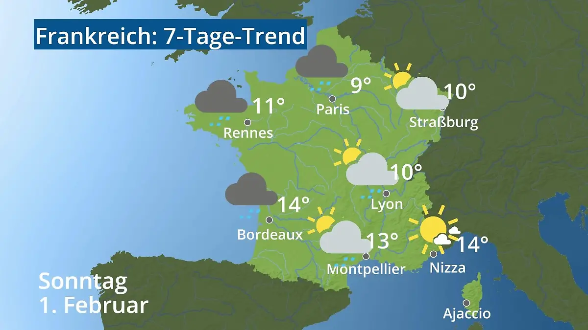 Frankreich: Wie wird das Wetter? Video 7-Tage-Trend: Paris, Straßburg, Nizza, Korsika
