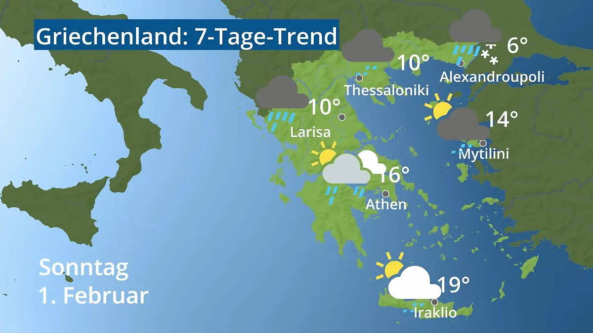 Griechenland: Wie wird das Wetter? Video 7-Tage-Trend: Athen, Kreta, Lesbos