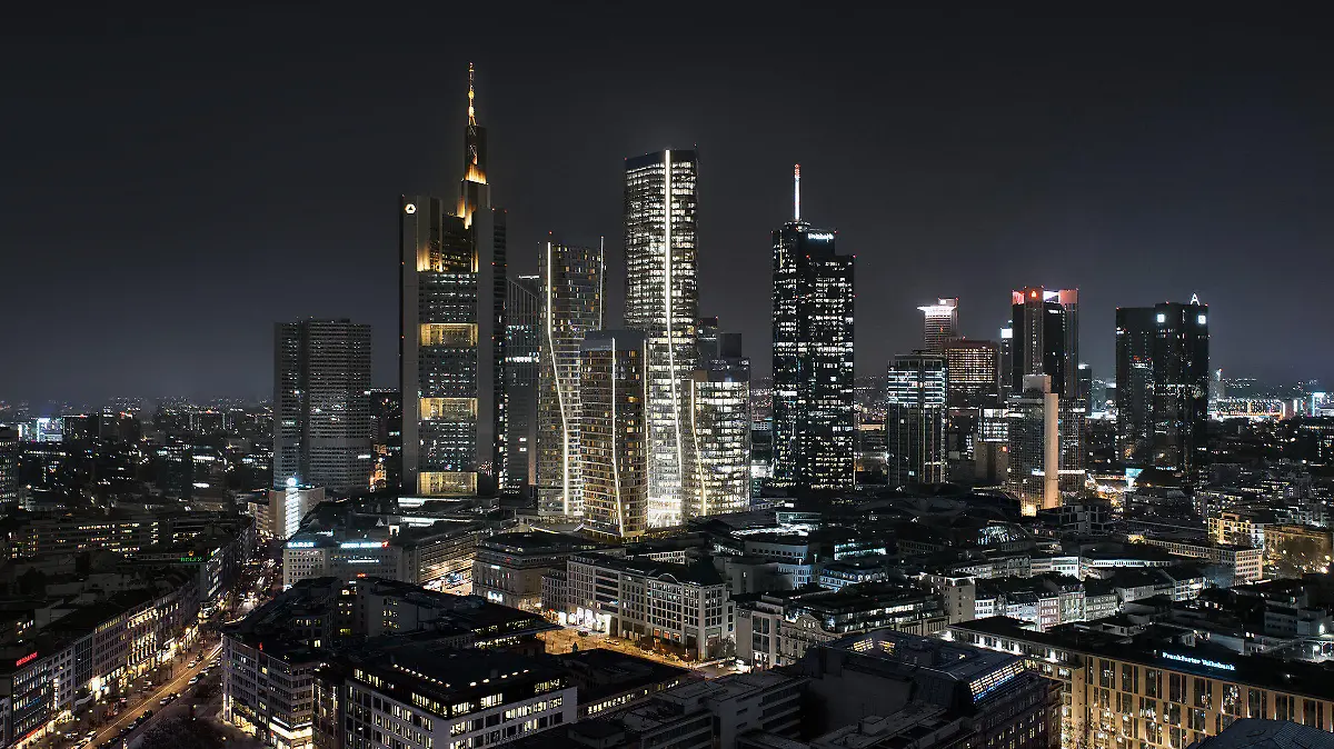 HANDOUT - 28.07.2021, Frankfurt/Main: Die Illustration zeigt das Büro-Hochhaus «T1» (M) im Ensemble «Four». Für die Rekordsumme von 1,4 Milliarden Euro hat die Allianz-Versicherung gemeinsam mit der Bayerischen Versorgungskammer ein neues Büro-Hochhaus in der Frankfurter Innenstadt erworben. Das Hochhaus «T1» entsteht derzeit im Ensemble «Four» im Bankenviertel und soll mit 233 Metern der dritthöchste Büroturm Deutschlands werden. (zu dpa «Allianz zahlt Rekordsumme für Frankfurter Bürohochhaus») Foto: Groß & Partner/dpa - ACHTUNG: Nur zur redaktionellen Verwendung im Zusammenhang mit der aktuellen Berichterstattung und nur mit vollständiger Nennung des vorstehenden Credits +++ dpa-Bildfunk +++