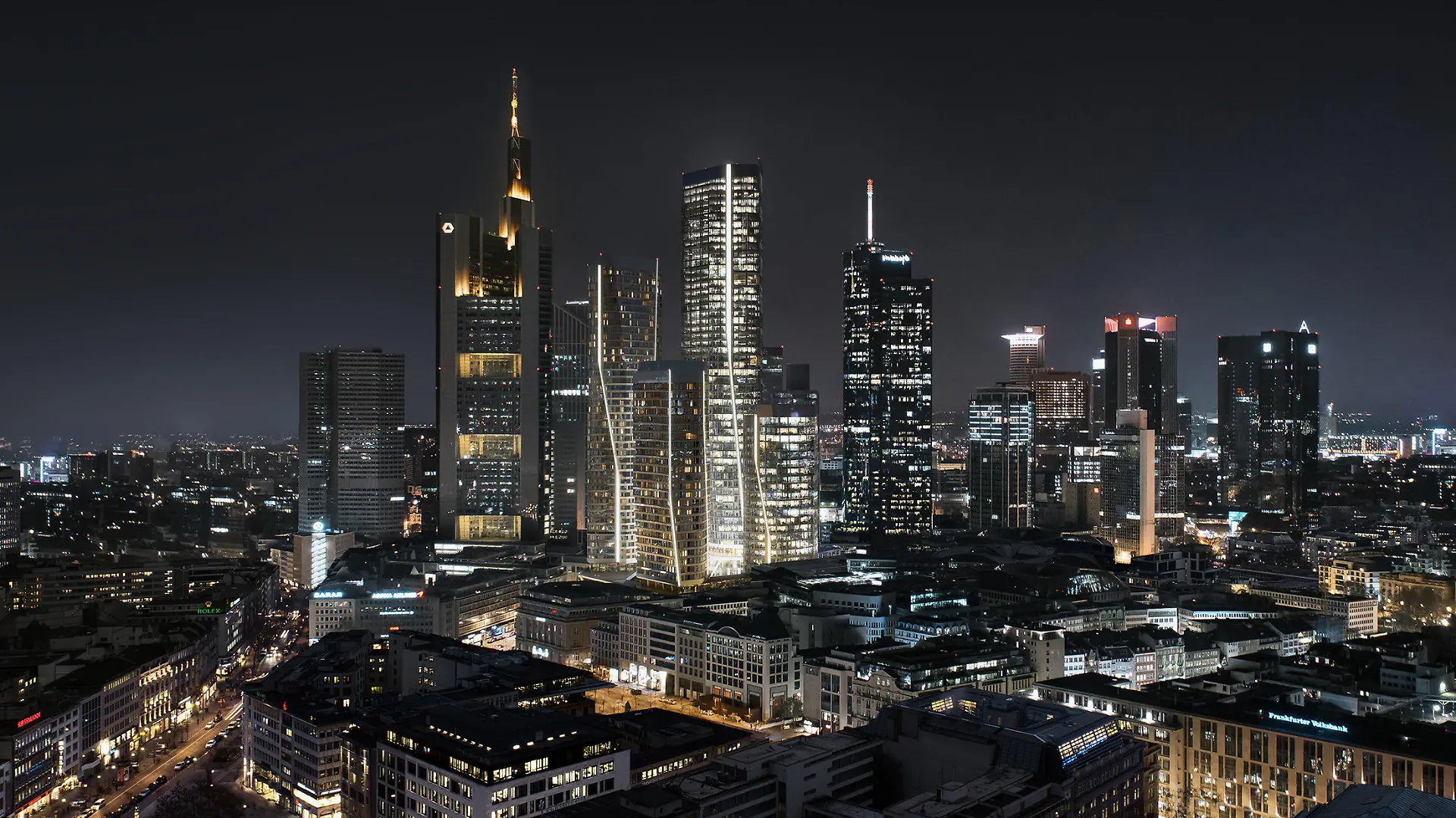 HANDOUT - 28.07.2021, Frankfurt/Main: Die Illustration zeigt das Büro-Hochhaus «T1» (M) im Ensemble «Four». Für die Rekordsumme von 1,4 Milliarden Euro hat die Allianz-Versicherung gemeinsam mit der Bayerischen Versorgungskammer ein neues Büro-Hochhaus in der Frankfurter Innenstadt erworben. Das Hochhaus «T1» entsteht derzeit im Ensemble «Four» im Bankenviertel und soll mit 233 Metern der dritthöchste Büroturm Deutschlands werden. (zu dpa «Allianz zahlt Rekordsumme für Frankfurter Bürohochhaus») Foto: Groß & Partner/dpa - ACHTUNG: Nur zur redaktionellen Verwendung im Zusammenhang mit der aktuellen Berichterstattung und nur mit vollständiger Nennung des vorstehenden Credits +++ dpa-Bildfunk +++
