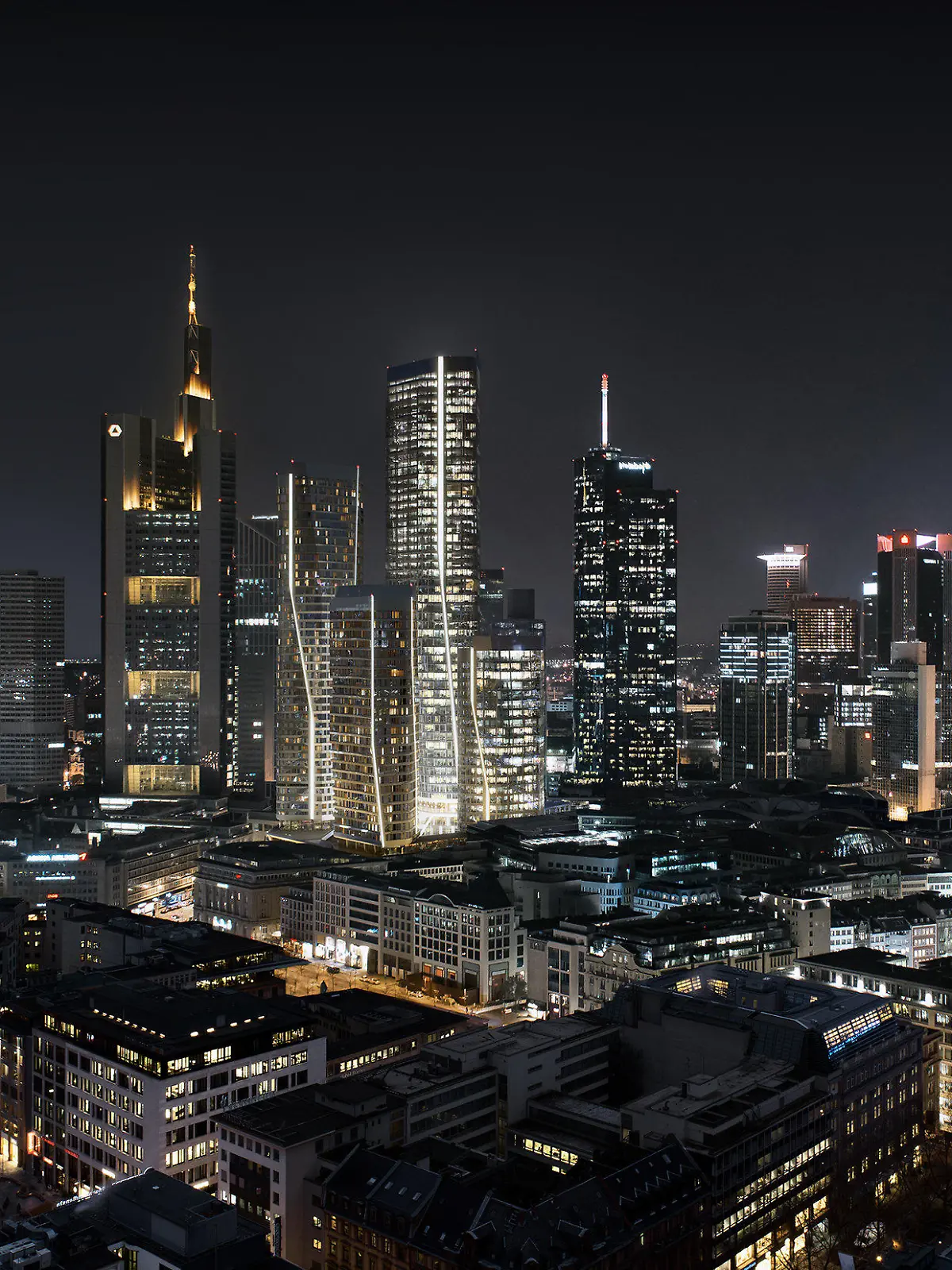 HANDOUT - 28.07.2021, Frankfurt/Main: Die Illustration zeigt das Büro-Hochhaus «T1» (M) im Ensemble «Four». Für die Rekordsumme von 1,4 Milliarden Euro hat die Allianz-Versicherung gemeinsam mit der Bayerischen Versorgungskammer ein neues Büro-Hochhaus in der Frankfurter Innenstadt erworben. Das Hochhaus «T1» entsteht derzeit im Ensemble «Four» im Bankenviertel und soll mit 233 Metern der dritthöchste Büroturm Deutschlands werden. (zu dpa «Allianz zahlt Rekordsumme für Frankfurter Bürohochhaus») Foto: Groß & Partner/dpa - ACHTUNG: Nur zur redaktionellen Verwendung im Zusammenhang mit der aktuellen Berichterstattung und nur mit vollständiger Nennung des vorstehenden Credits +++ dpa-Bildfunk +++