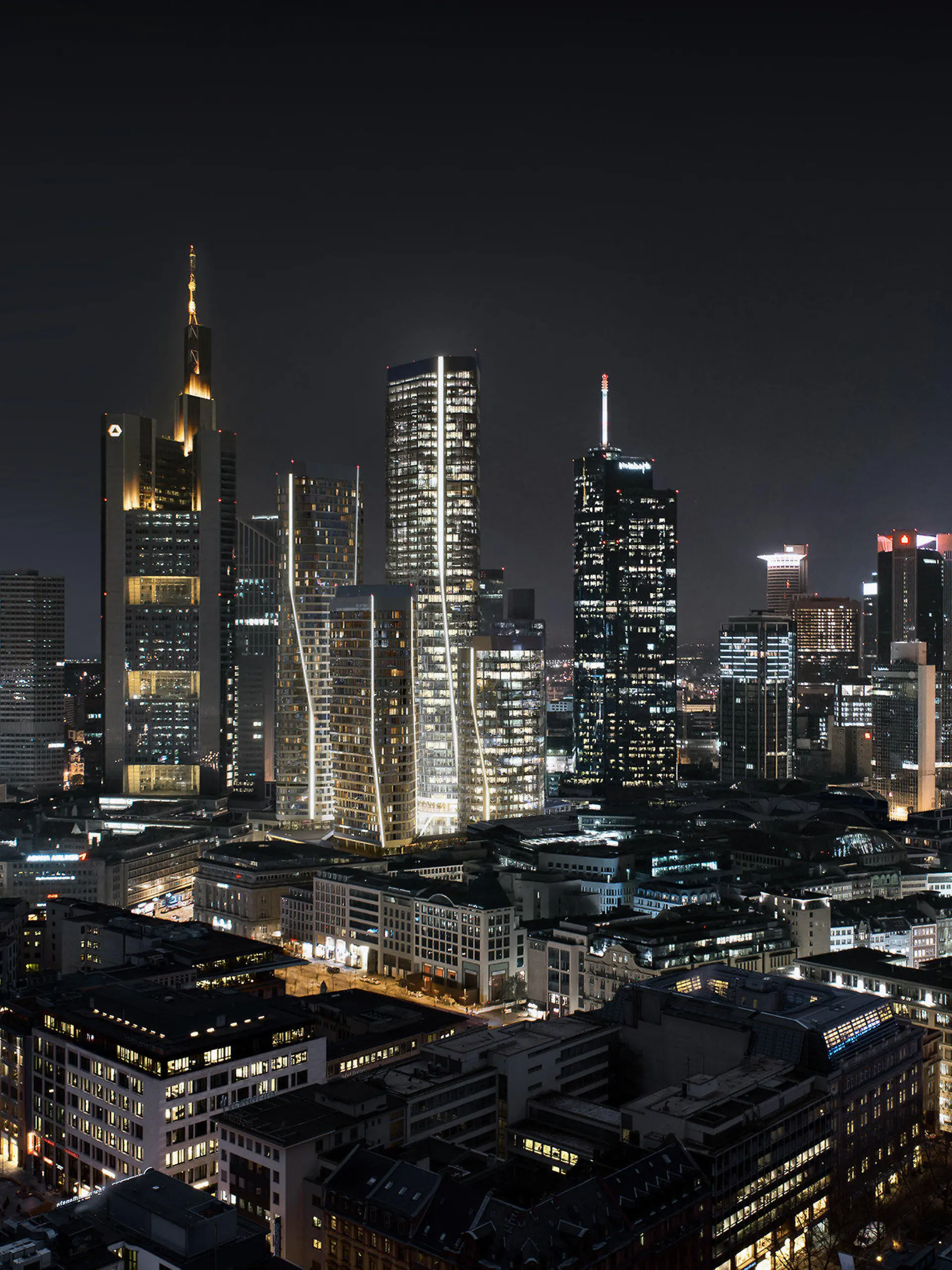 HANDOUT - 28.07.2021, Frankfurt/Main: Die Illustration zeigt das Büro-Hochhaus «T1» (M) im Ensemble «Four». Für die Rekordsumme von 1,4 Milliarden Euro hat die Allianz-Versicherung gemeinsam mit der Bayerischen Versorgungskammer ein neues Büro-Hochhaus in der Frankfurter Innenstadt erworben. Das Hochhaus «T1» entsteht derzeit im Ensemble «Four» im Bankenviertel und soll mit 233 Metern der dritthöchste Büroturm Deutschlands werden. (zu dpa «Allianz zahlt Rekordsumme für Frankfurter Bürohochhaus») Foto: Groß & Partner/dpa - ACHTUNG: Nur zur redaktionellen Verwendung im Zusammenhang mit der aktuellen Berichterstattung und nur mit vollständiger Nennung des vorstehenden Credits +++ dpa-Bildfunk +++