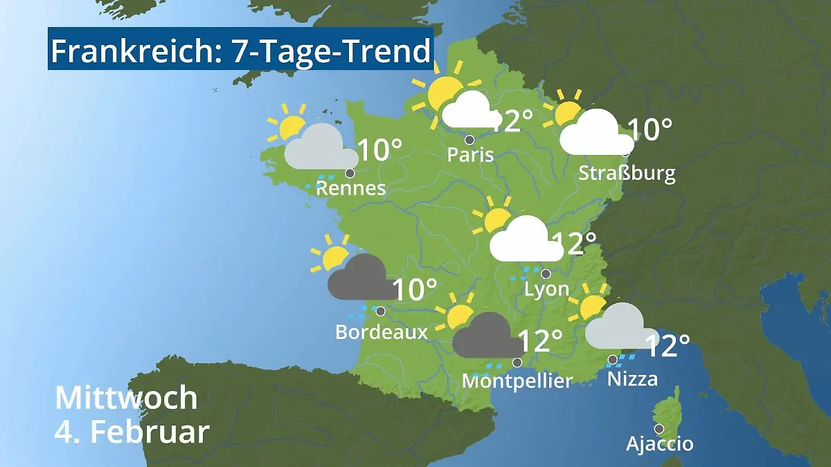 Frankreich: Wie wird das Wetter? Video 7-Tage-Trend: Paris, Straßburg, Nizza, Korsika