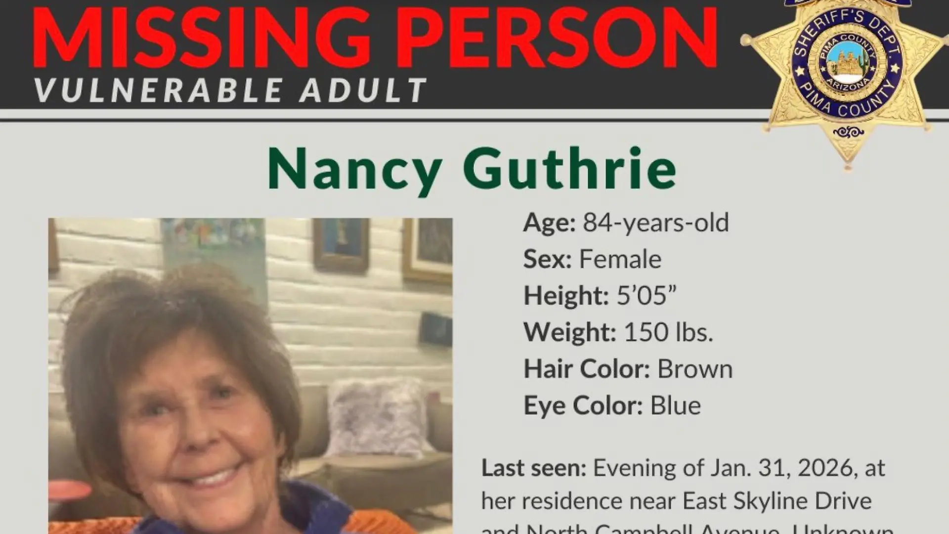 Nancy Guthrie, die Mutter der Moderatorin Savanna Guthrie, wird seit dem 1. Februar vermisst