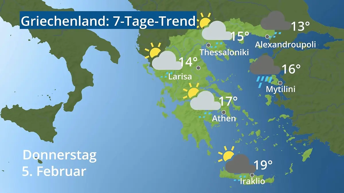 Griechenland: Wie wird das Wetter? Video 7-Tage-Trend: Athen, Kreta, Lesbos