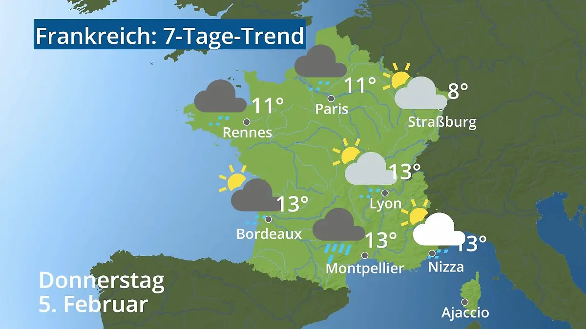 Frankreich: Wie wird das Wetter? Video 7-Tage-Trend: Paris, Straßburg, Nizza, Korsika