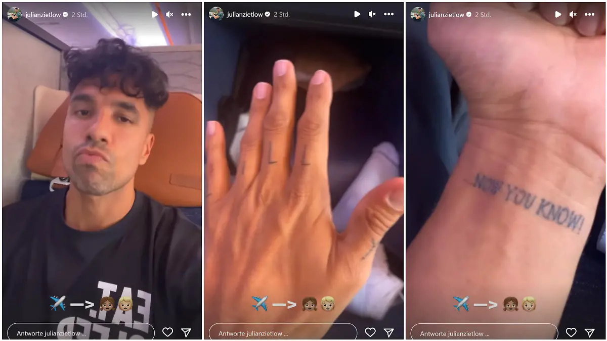 Julian Zietlow zeigt im Flieger seine neuen Tattoos. Und macht sein Ziel deutlich: Dubai.
