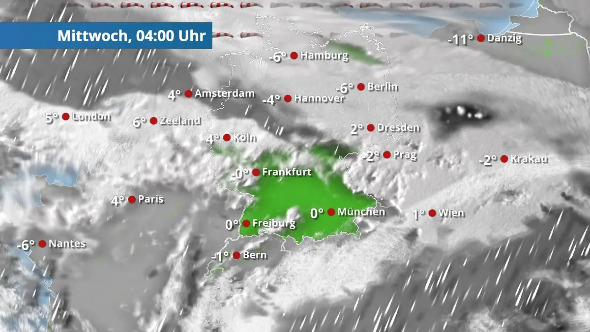 Schneeflocken in der Mitte Deutschlands Der Regen- und Wolkenfilm für 48 Stunden