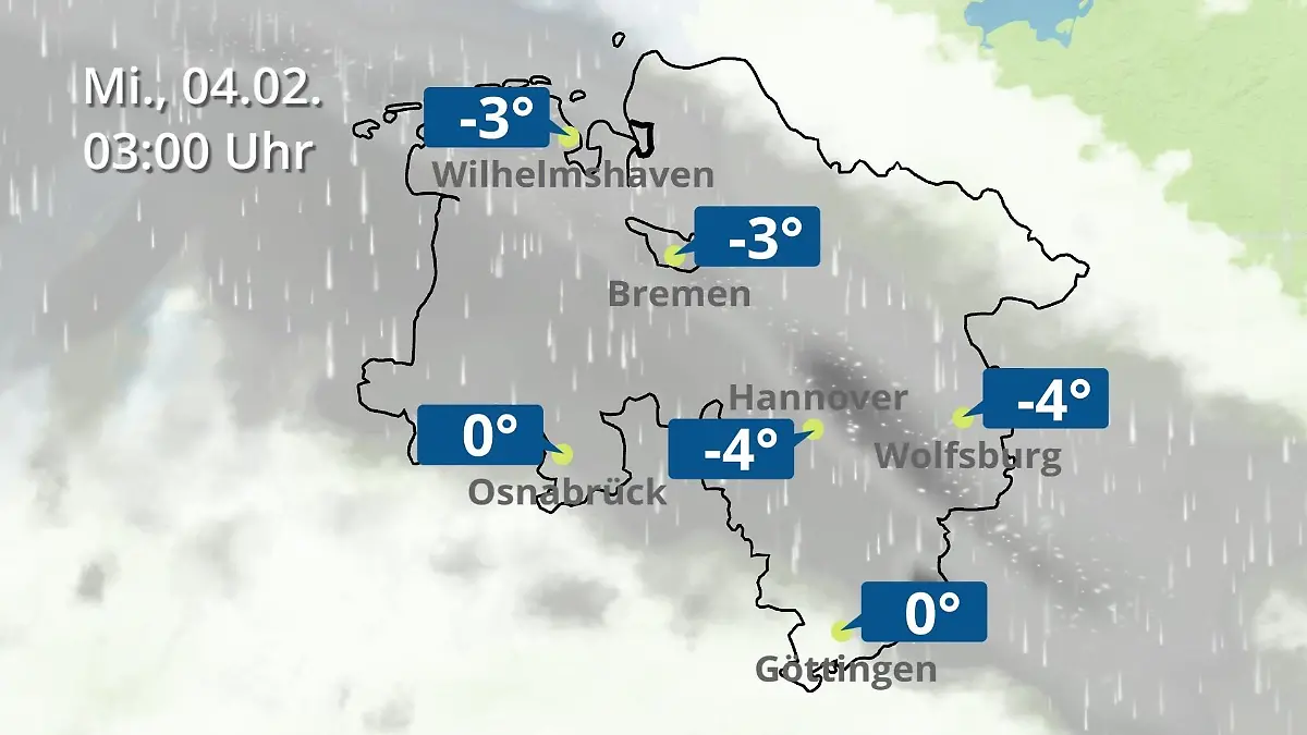 Bremen und Niedersachsen: Wie wird das Wetter? Regen- und Wolkenfilm für Hannover, Osnabrück und Wolfsburg