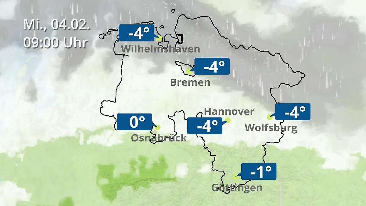 Bremen und Niedersachsen: Wie wird das Wetter? Regen- und Wolkenfilm für Hannover, Osnabrück und Wolfsburg