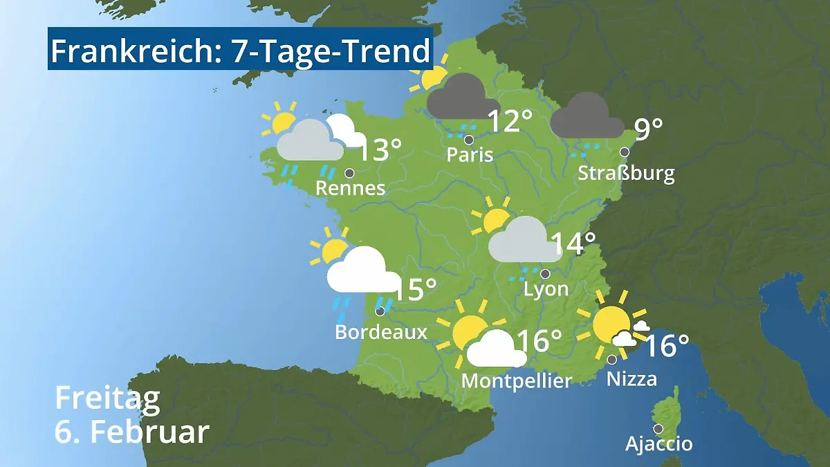Frankreich: Wie wird das Wetter? Video 7-Tage-Trend: Paris, Straßburg, Nizza, Korsika